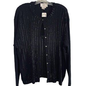 Vie By Victoria Royal Silk Knit Beaded Twinset Sweater Set Black Womens 3X $372